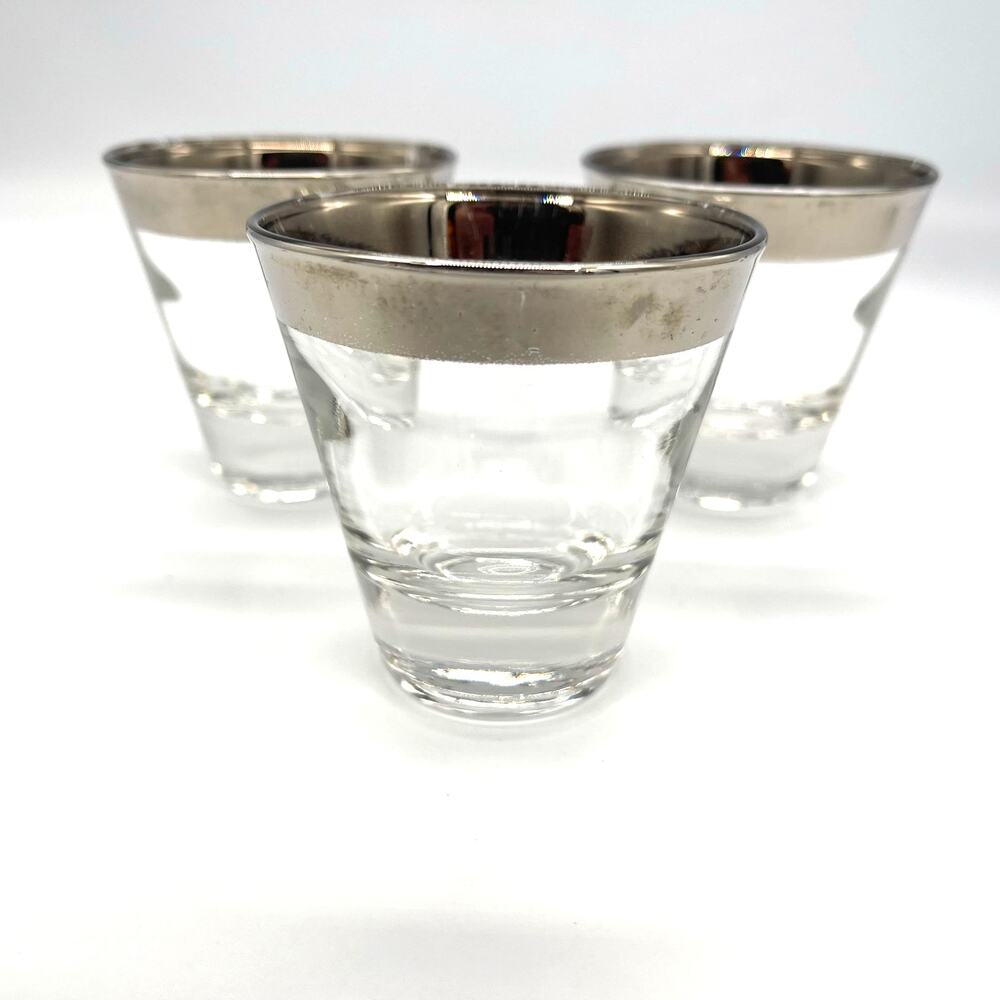 Vintage MCM Dorothy Thorpe Set of 3 Silver Rimmed Barware Shot Glasses 2.75"